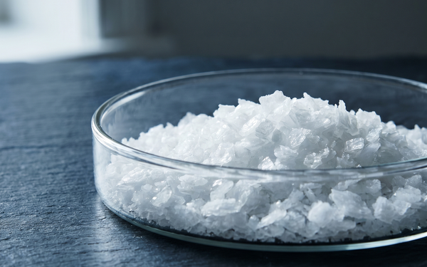 A small glass dish of flaky sea salt on dark slate, side-lit so the crystals catch the light.