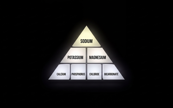 Pyramid hierarchy of the 7 electrolytes on a deep black background, sodium at the apex with a pale-yellow glow