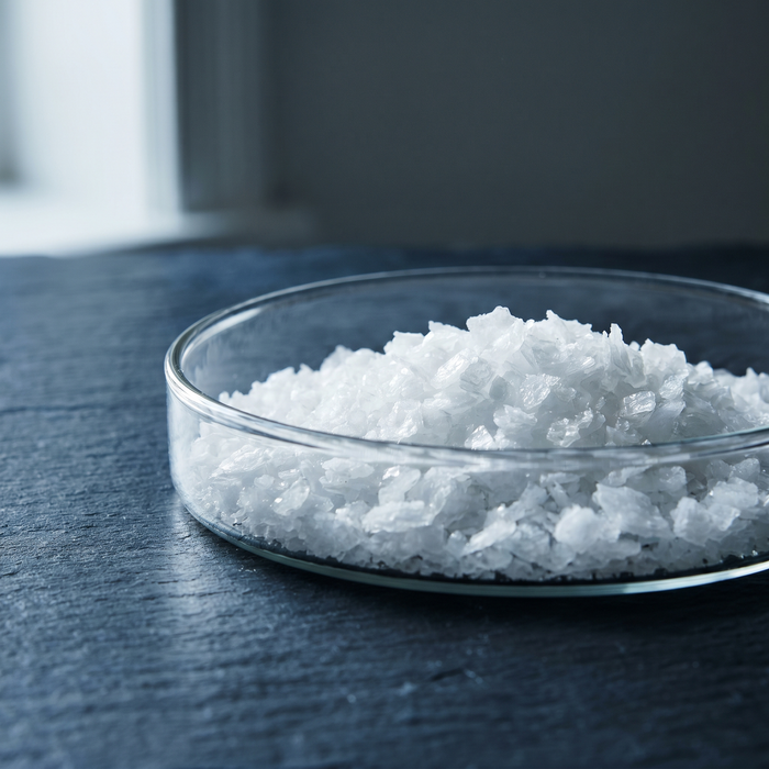 A small glass dish of flaky sea salt on dark slate, side-lit so the crystals catch the light.