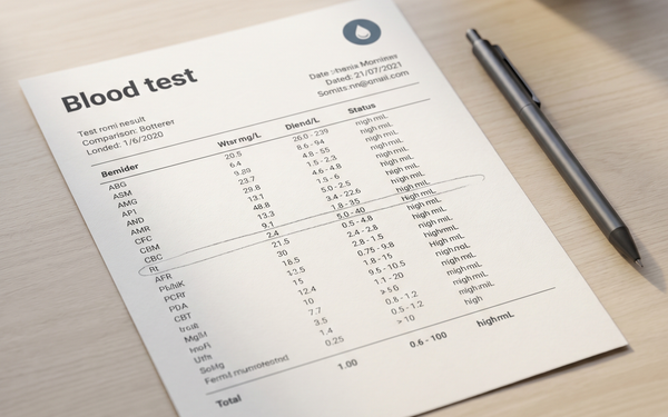 Printed blood-test results sheet on a pale wooden desk in soft morning light, one row faintly pencil-highlighted, pen beside it