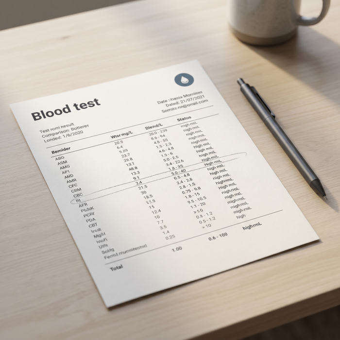 Printed blood-test results sheet on a pale wooden desk in soft morning light, one row faintly pencil-highlighted, pen beside it