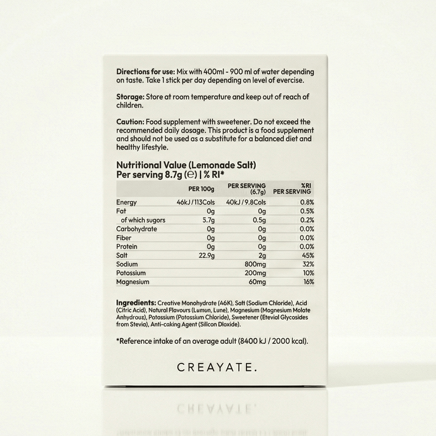 CREAYATE sachet ingredients and nutritional information