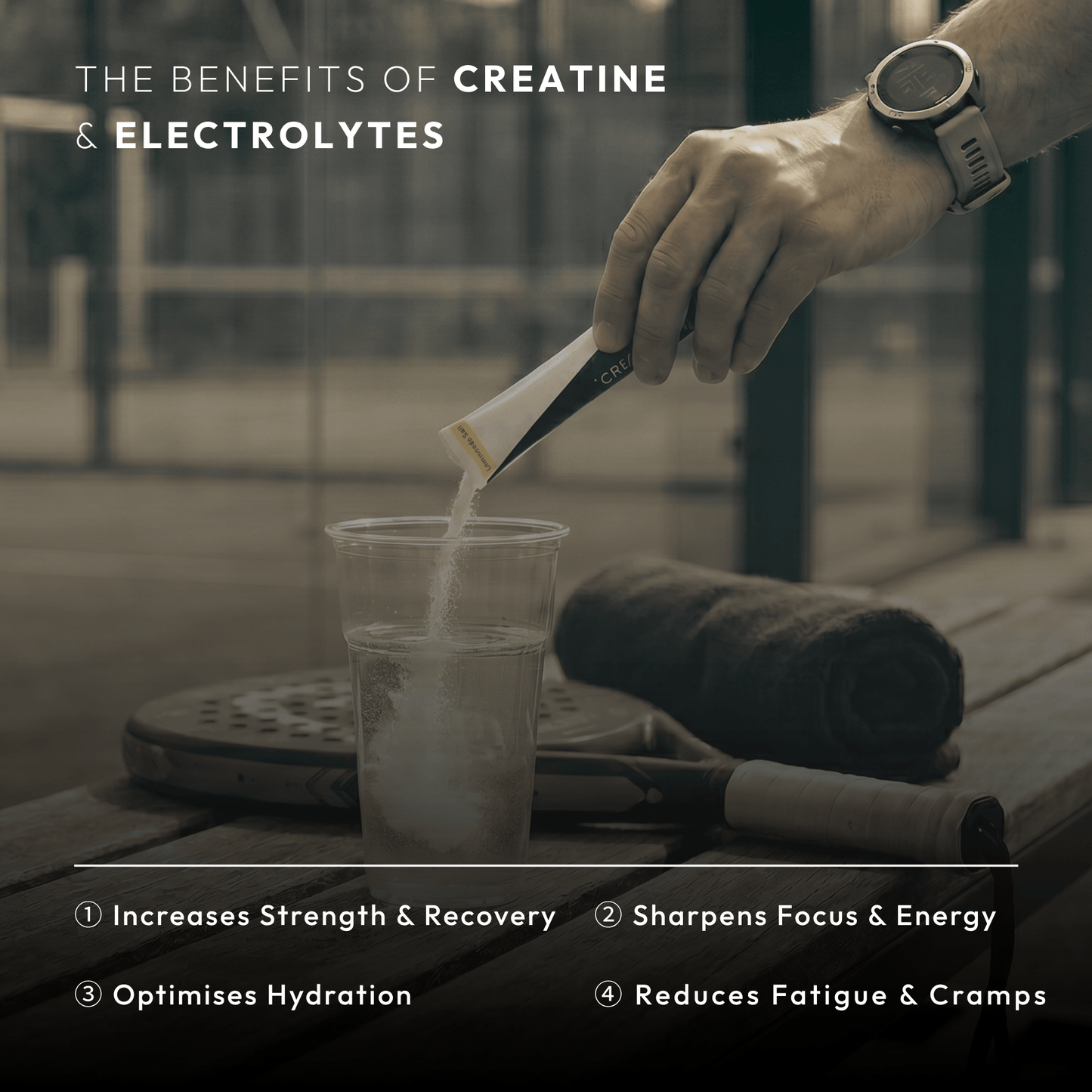 Benefits of Creayate creatine and electrolytes — strength and recovery, focus and energy, hydration, reduced fatigue and cramps
