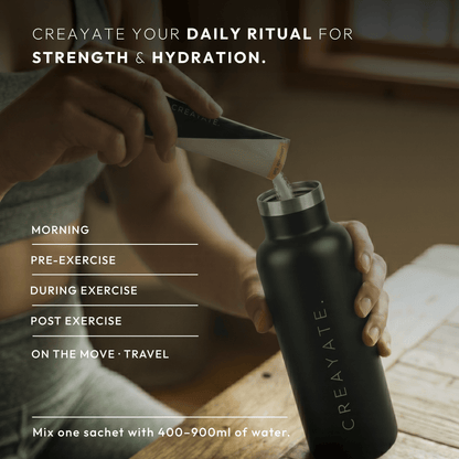 Creayate daily ritual for strength and hydration — pour one sachet into 400 to 900ml of water