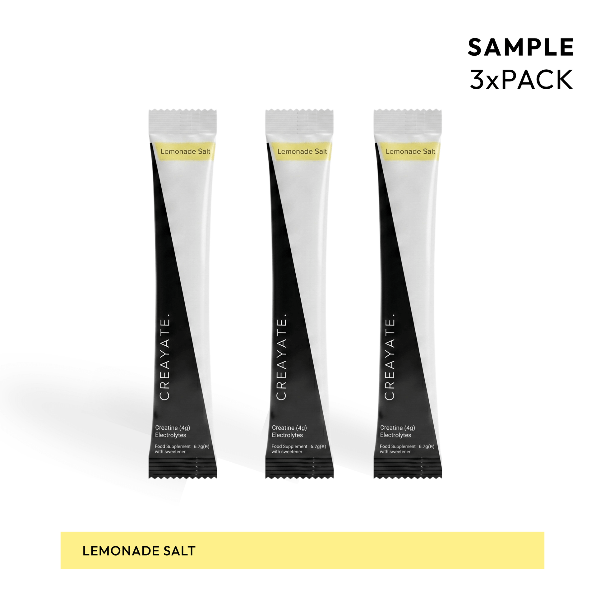 Creayate Lemonade Salt sample pack — three creatine electrolyte sachets on white background