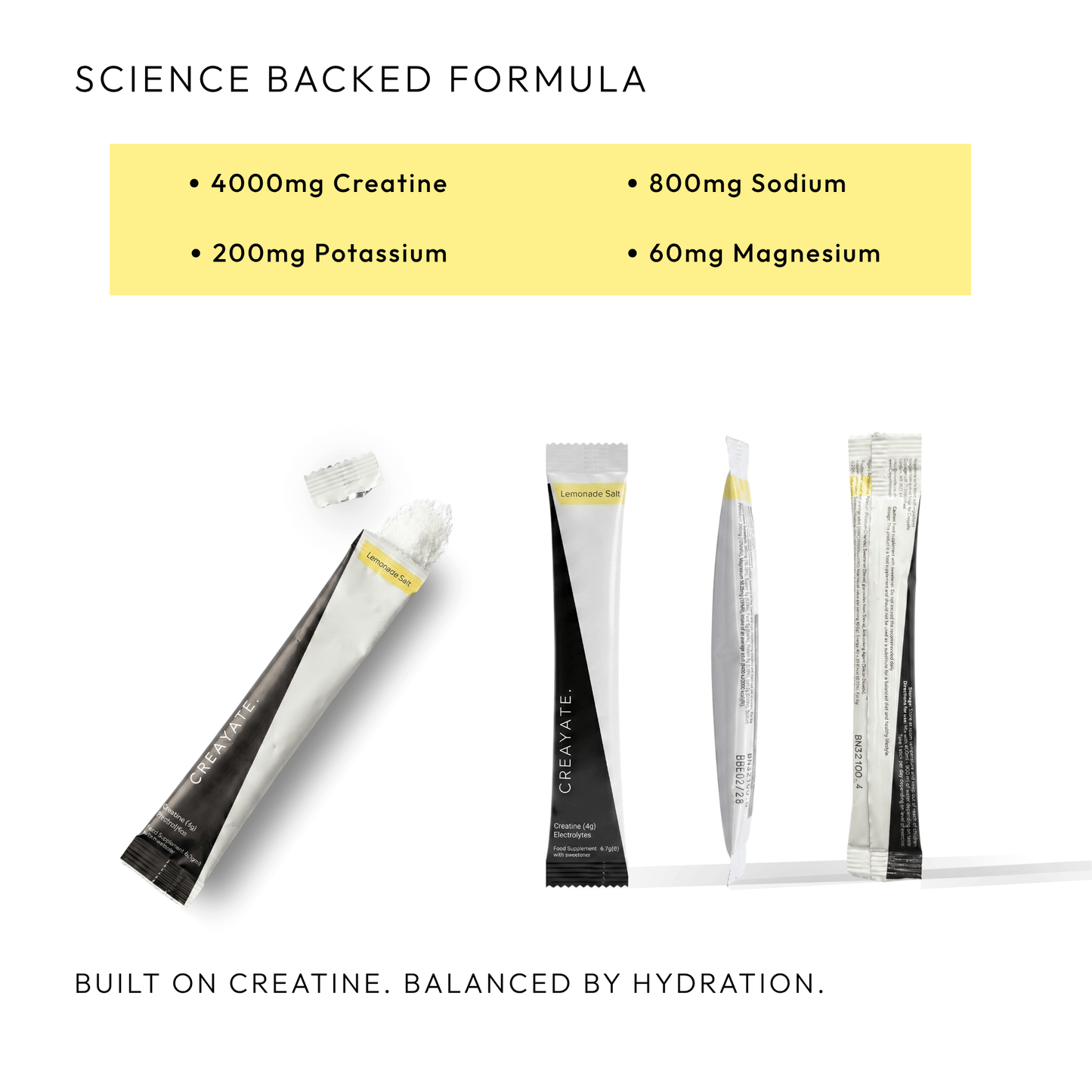 Creayate Lemonade Salt sample pack science-backed formula: 4000mg creatine, 800mg sodium, 200mg potassium, 60mg magnesium per sachet