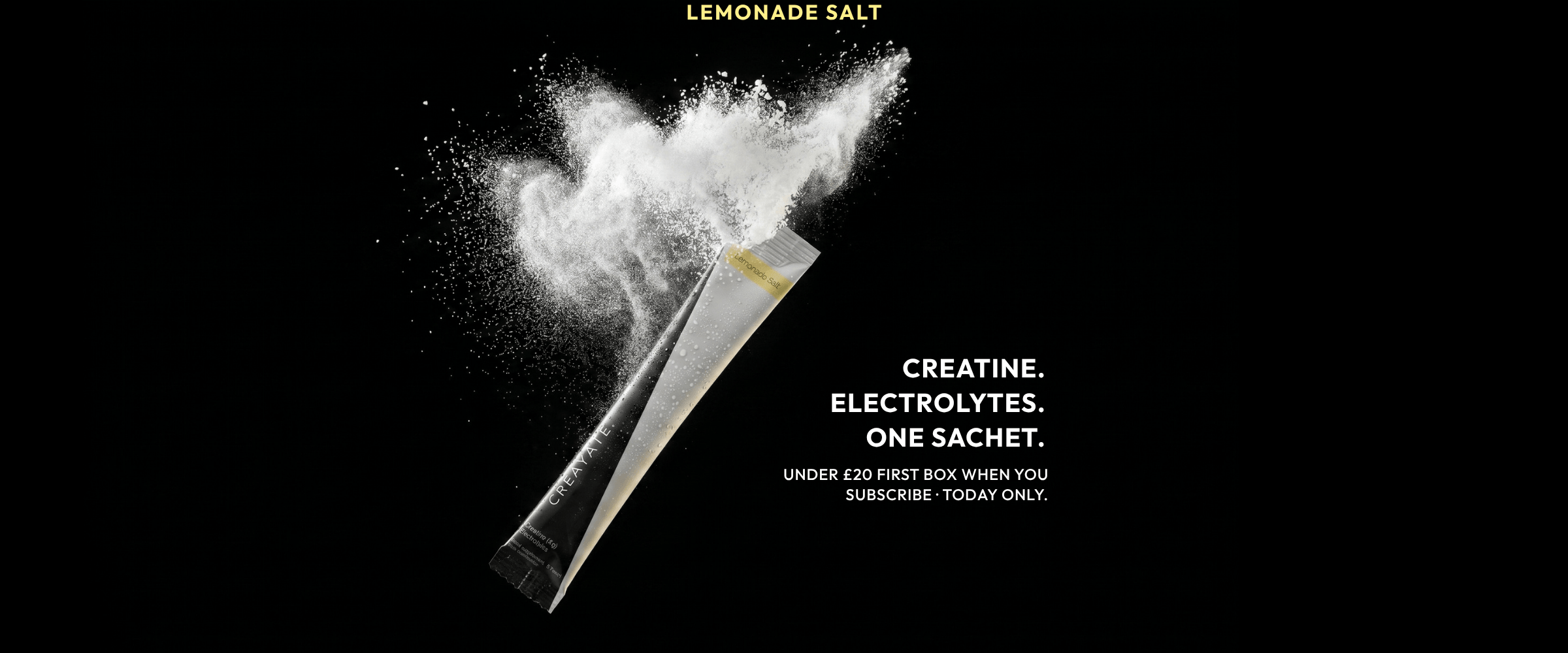 Creayate landing hero banner 1 — Creatine. Electrolytes. One sachet. (desktop)