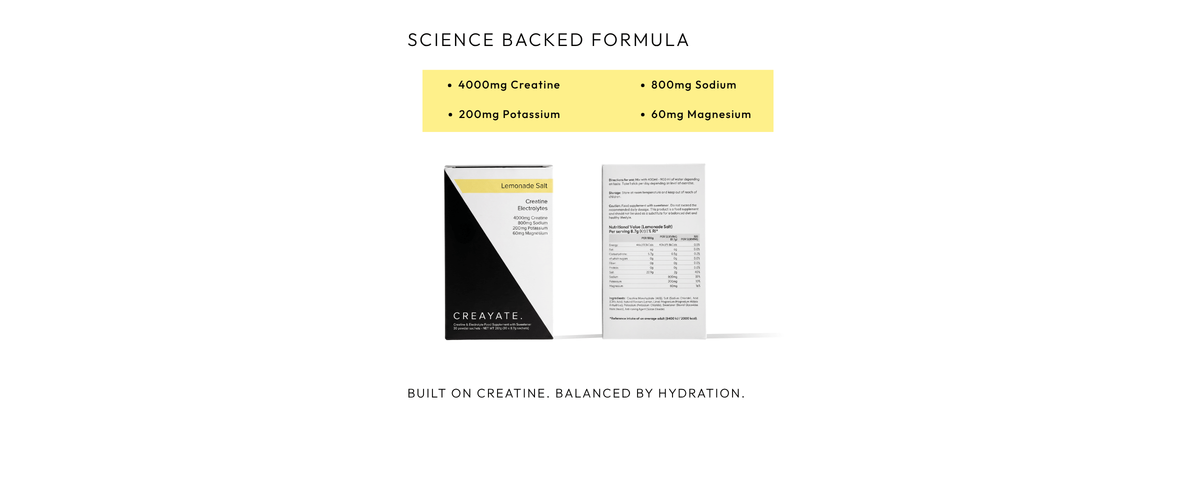 Creayate Lemonade Salt science-backed formula — 4g creatine and electrolytes ingredients panel