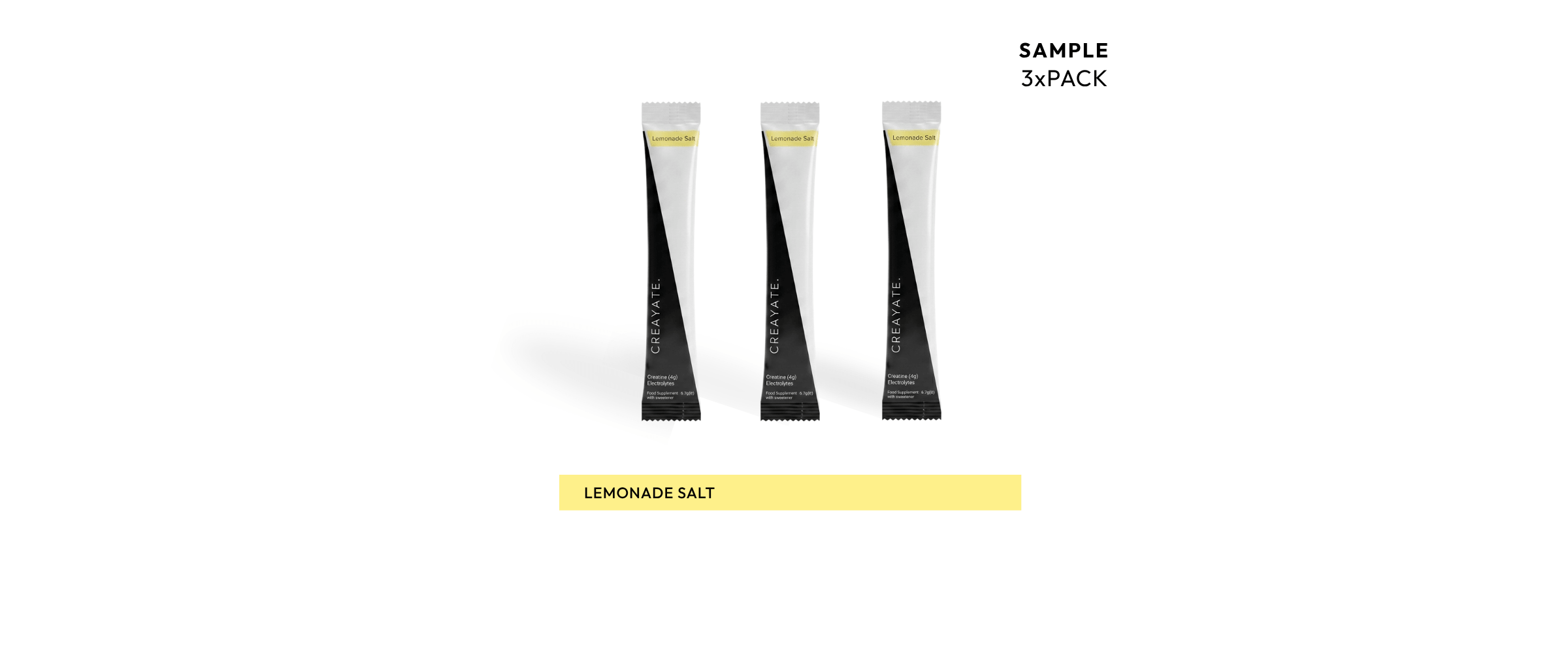 Creayate Lemonade Salt free sample — three creatine and electrolyte sachets, 3x pack on white background