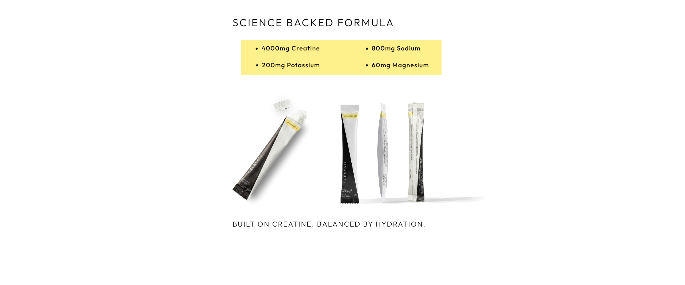 Creayate Lemonade Salt sample — science backed formula: 4000mg creatine, 800mg sodium, 200mg potassium, 60mg magnesium per sachet