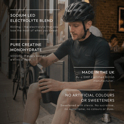 Creayate features: 800mg sodium electrolyte blend, 4000mg pure creatine monohydrate, UK made by GMP certified manufacturer, no artificial colours or sweeteners